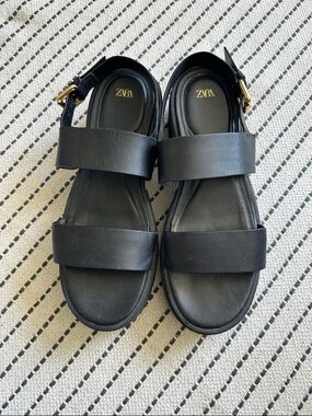 Zara Black Double-Strap Leather Sandals with Gold Buckle